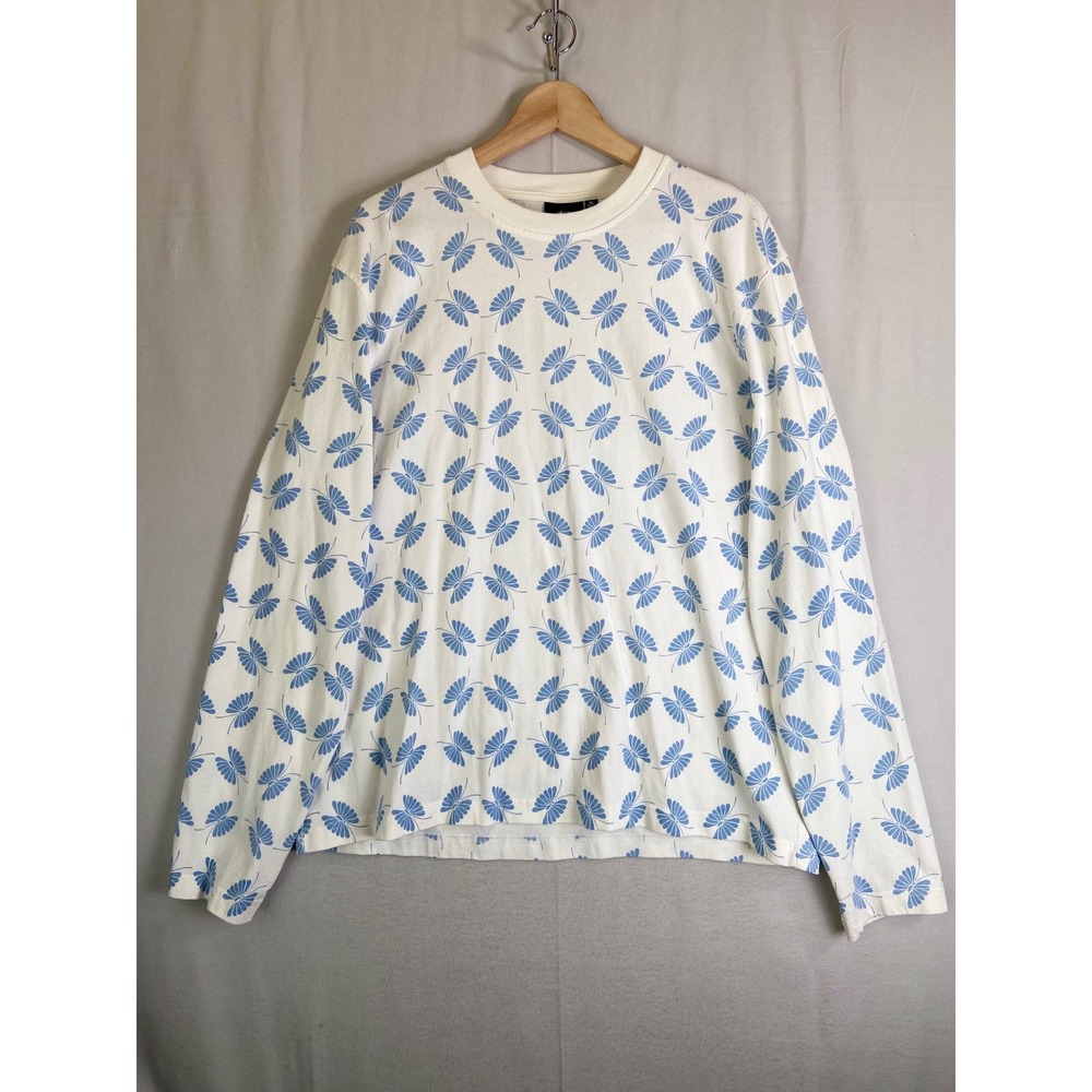 Stussy Mens XL White Blue All Over Butterfly Print Long Sleeve T-Shirt Cotton